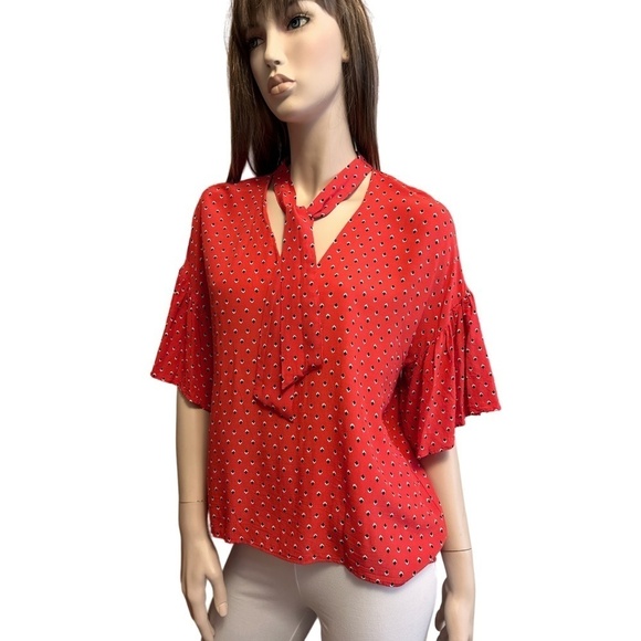 ZARA Blouse Top Shirt Flutter Butterfly Sleeve Bow Tie Neck Hi Low Relaxed Fit - Picture 4 of 14